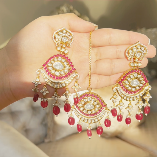 Prachi Earrings & Teekah Set - Ruby