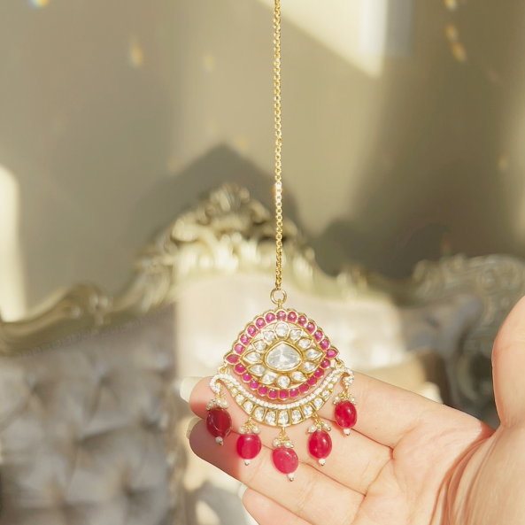 Prachi Earrings & Teekah Set - Ruby