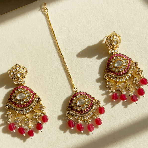 Prachi Earrings & Teekah Set - Ruby