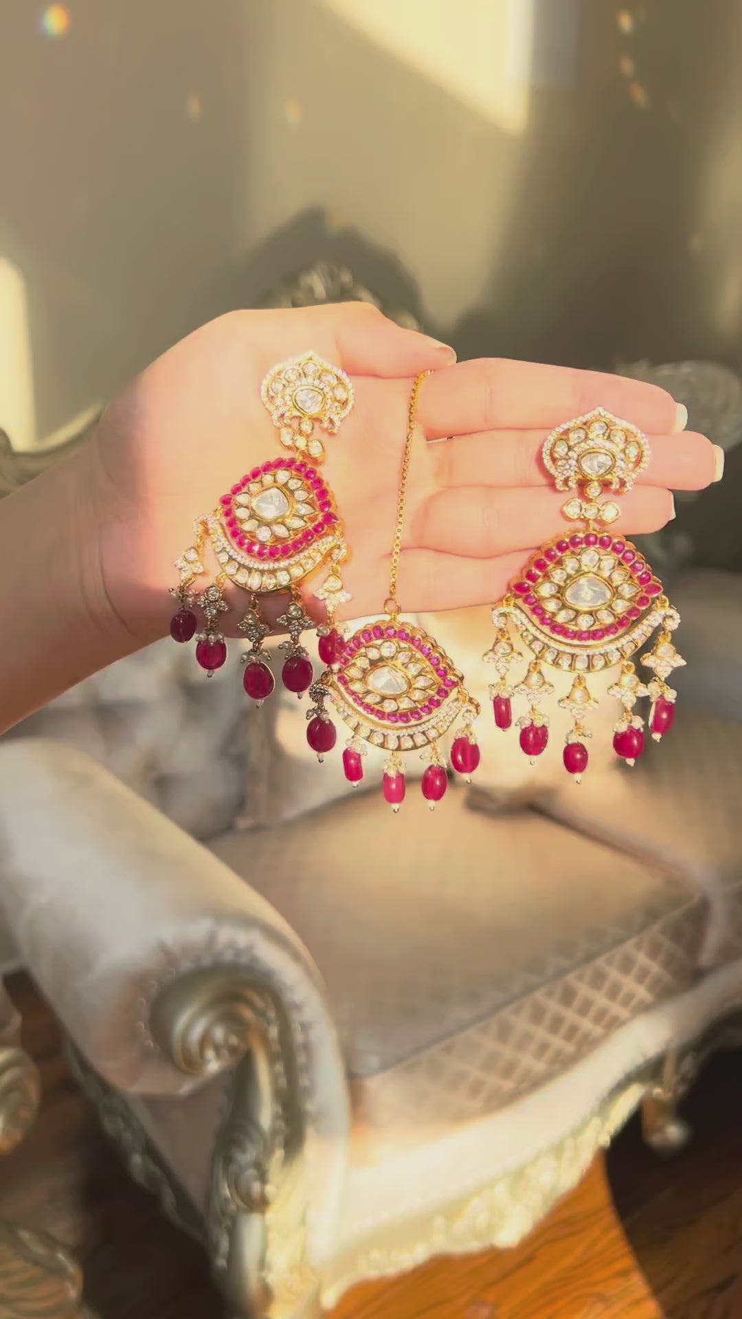 Prachi Earrings & Teekah Set - Ruby