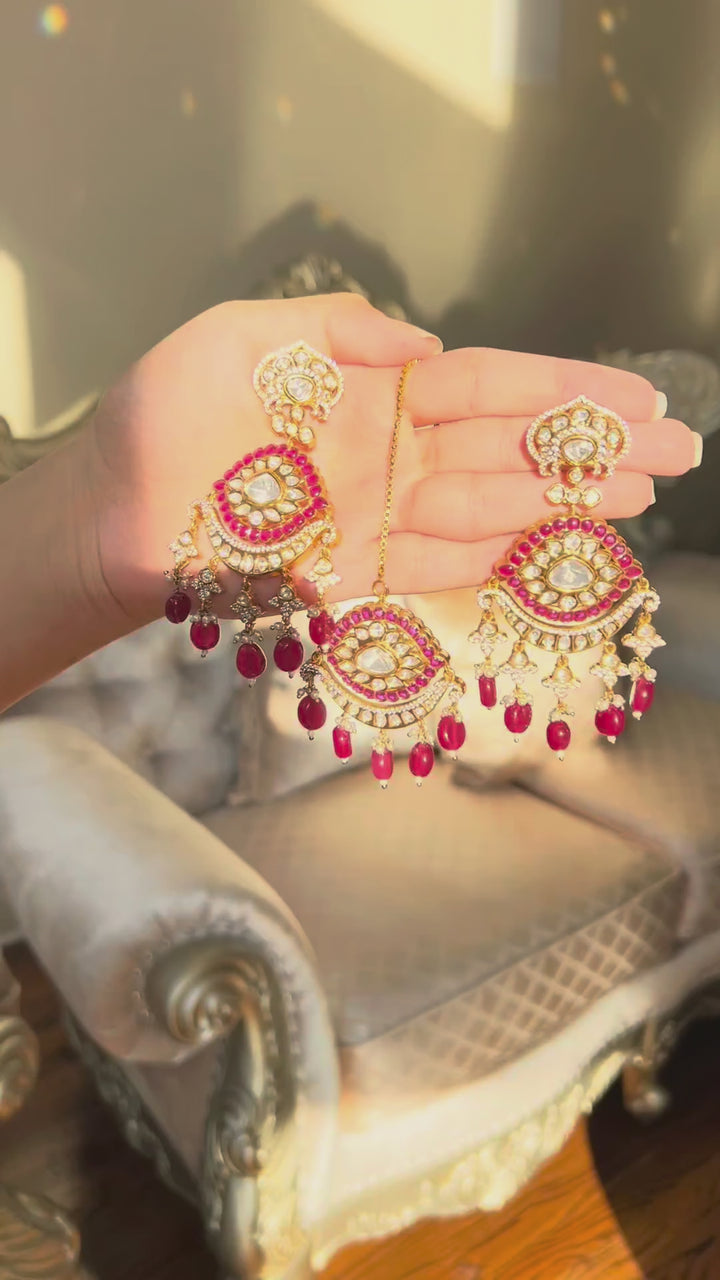 Prachi Earrings & Teekah Set - Ruby