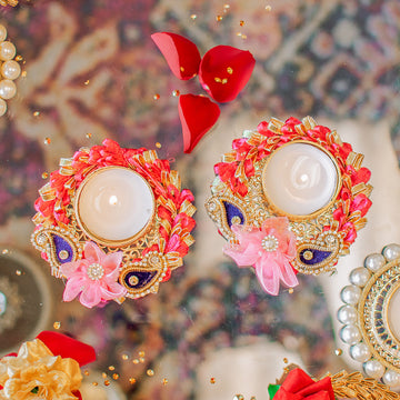 Embroidery Pink Diya Set - Accessory